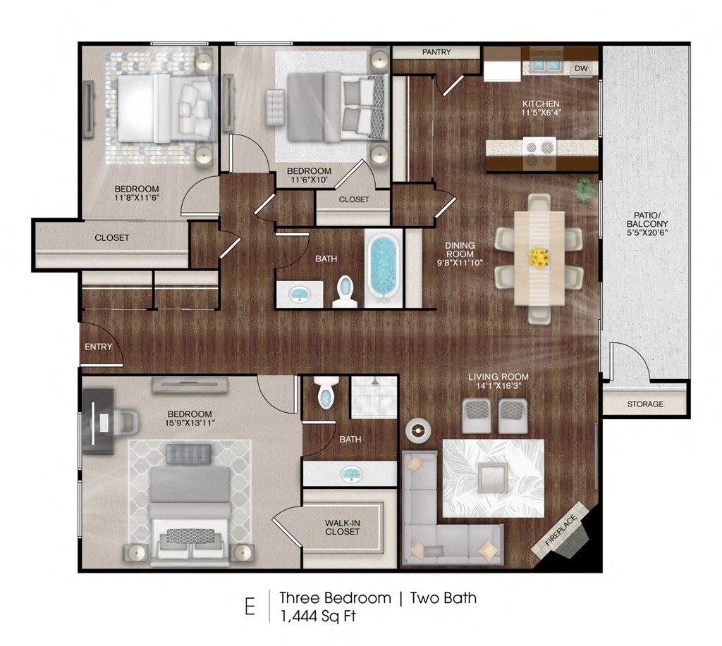 Floor plan for 3 beds, 2 baths, 1444 sqft